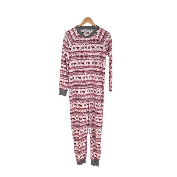 P.J. Salvage Pajamas Women Medium Onesie Moose Red White Gray Fleece One Piece - Picture 3 of 15